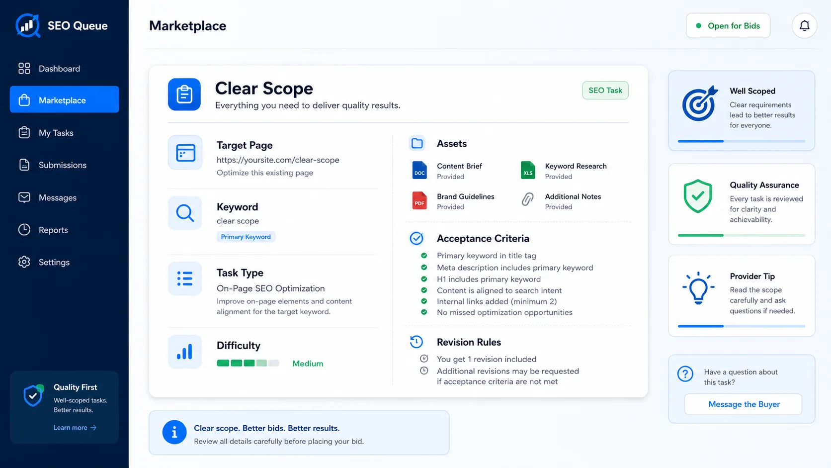 SEO Queue Marketplace task packet showing target page, keyword, assets, difficulty, and acceptance criteria before bidding.